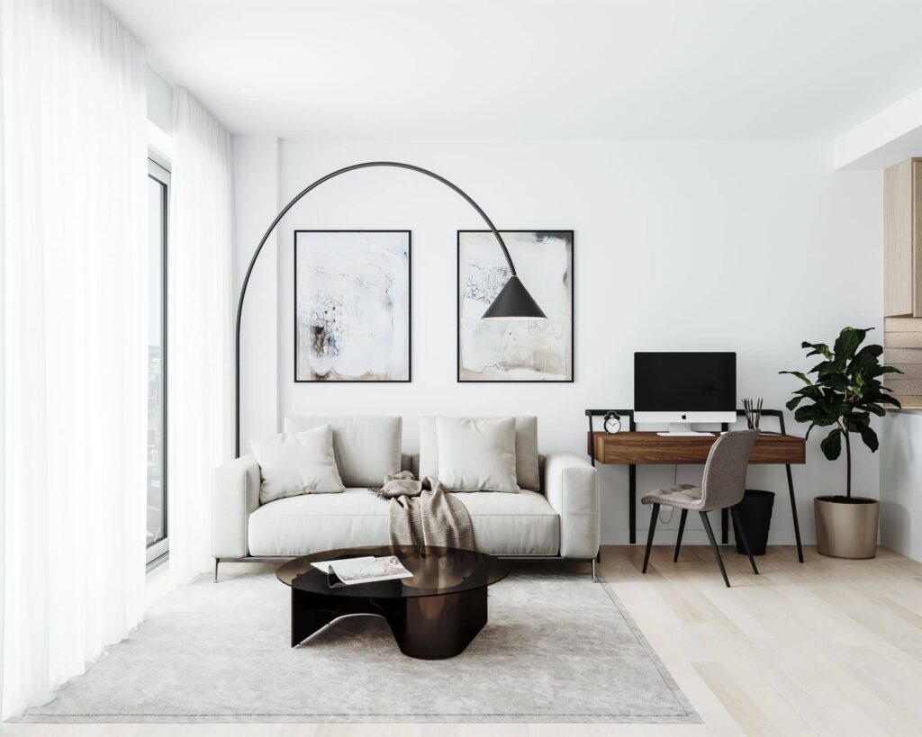 Salon avec fenestration généreuse au sein d’un condo du projet Signature Bois-Franc à Montréal