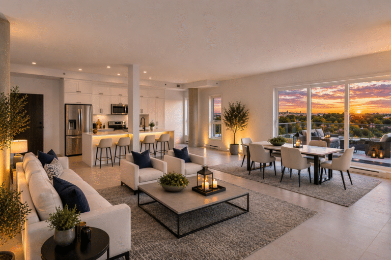 Salon et cuisine à aire ouverte dans le penthouse du projet de condos à vendre Signature Bois-Franc à Saint-Laurent